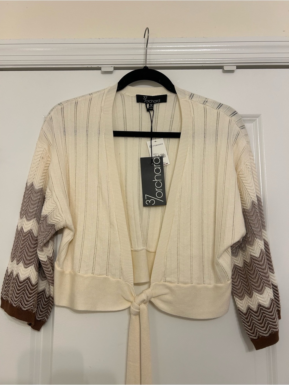 Cream Tie-Front Knit Sweater with Chevron Sleeve Detail